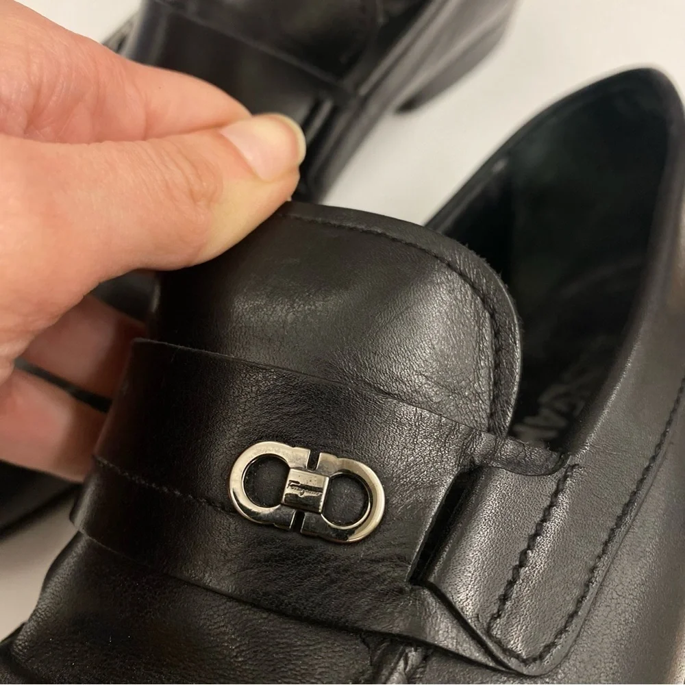 Salvatore Ferragamo || Paros Dress Slip On Loafer Logo Black Silver 9 EE Wide‎